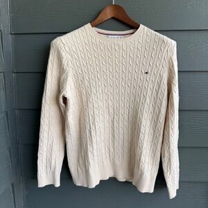 Tommy Hilfiger Cable Knit Cotton‎ Sweater XL Beige Classic Preppy Crewneck